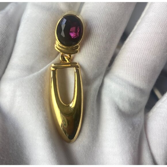 Vintage 80s 90s Gold Toned Pierced Earrings Purple Stone Door Knocker Regency - Picture 2 of 7